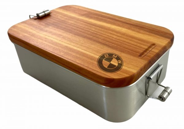 Lunchbox 02 mit Deckel aus Holz und Logo-Gravur (Edelstahl oder Weißblech)