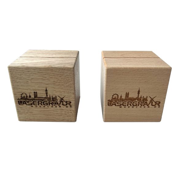 Holzwürfel aus Buche oder Eiche mit Schlitz und Logo- / QR-Code Gravur - 6cm Kantenlänge – Bild 6